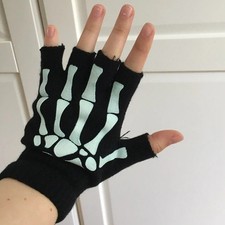 2Pcs Skeleton Skull Fingerless Gloves Unisex Punk Halloween Glow in Dark Mitte