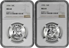 1954 + 1955  50C BU Silver Franklin Half Dollar NGC Graded MS 64 White Two Coins
