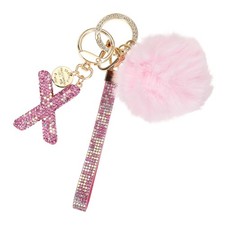 Initial Letter x Keychain with Pom and Rhinestone Wristlet, Pink