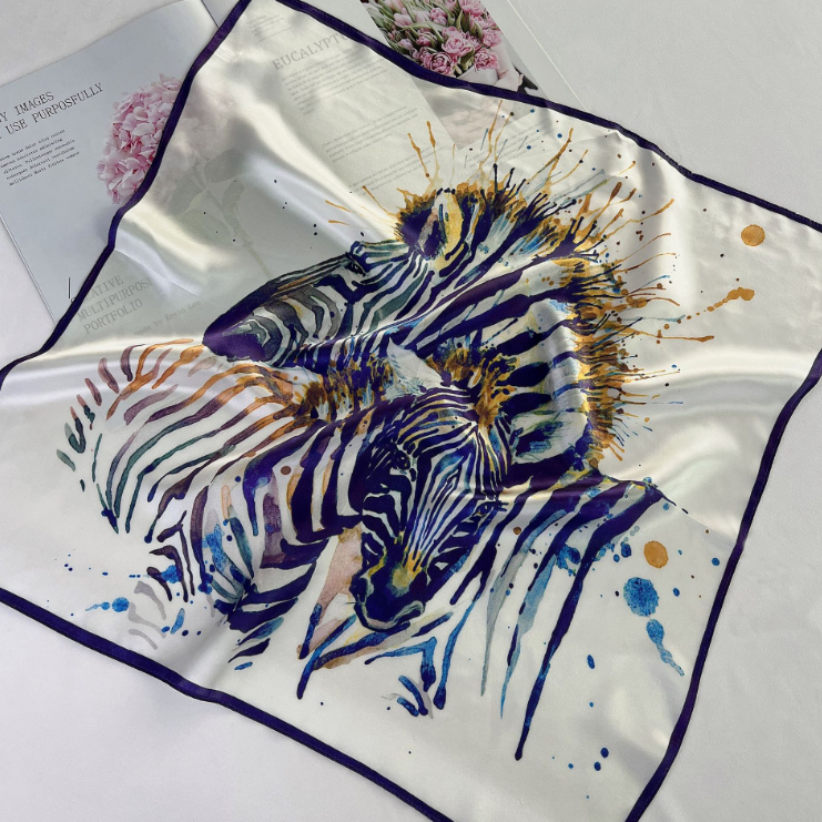 100% Mulberry Silk Zebra Print Neckerchief Shawl Scarf Wrap 21 Inch Bandanna