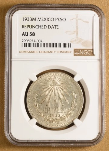 1933 Mexico Silver Peso 'Repunched Date' NGC AU58