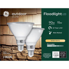 GE Outdoor 90w LED 15w Bulbs Spot PAR38 Medium Base Warm White Wet Rated 2bulbs