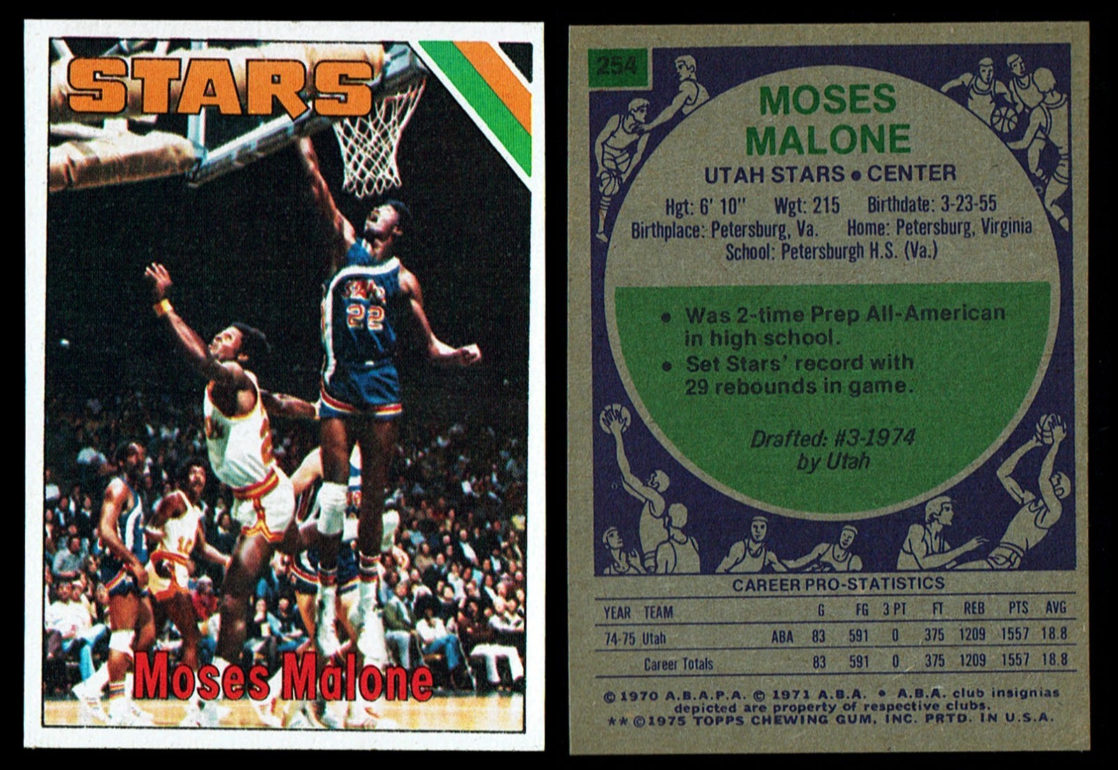 1975-76 Topps Basketball #254 • Moses Malone (RC) • Utah Stars • HOF • NM