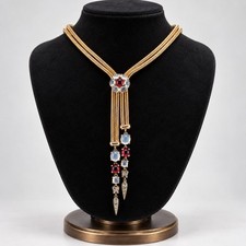 Trifari 'Alfred Philippe' Moonstone And Ruby Cabochon Double Snakechain Necklace
