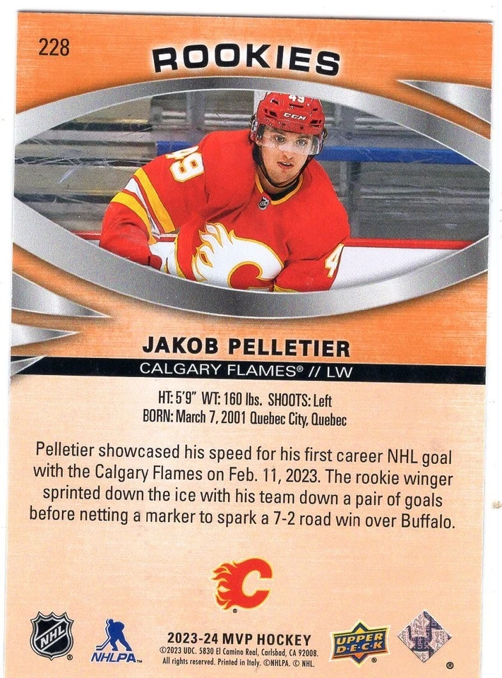 2023-24 Upper Deck MVP Orange #228 Jakob Pelletier RC /100 - Image 2 of 2