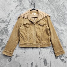 Vintage J.Crew Jacket Womens M Tan Corduroy Bomber Large Knit Collar Snaps Lined