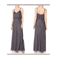 NWT Adrianna Papell Art Decco Beaded Blouson Full Length Dress Size 4 Blue/Grey