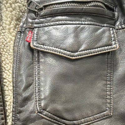 Levi s Men s Black Faux Leather Sherpa Lined Bomber Zip Jacket Pockets M