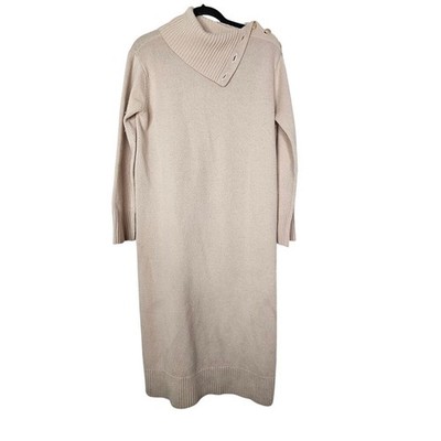 Max Mara L Tan Sweater Dress Button Split Neck Minimalist Classic Cozy 