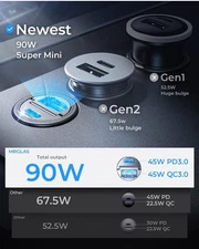 MRGLAS 90W USB-C Car Charger PD45W + QC45W Dual Port Adapter