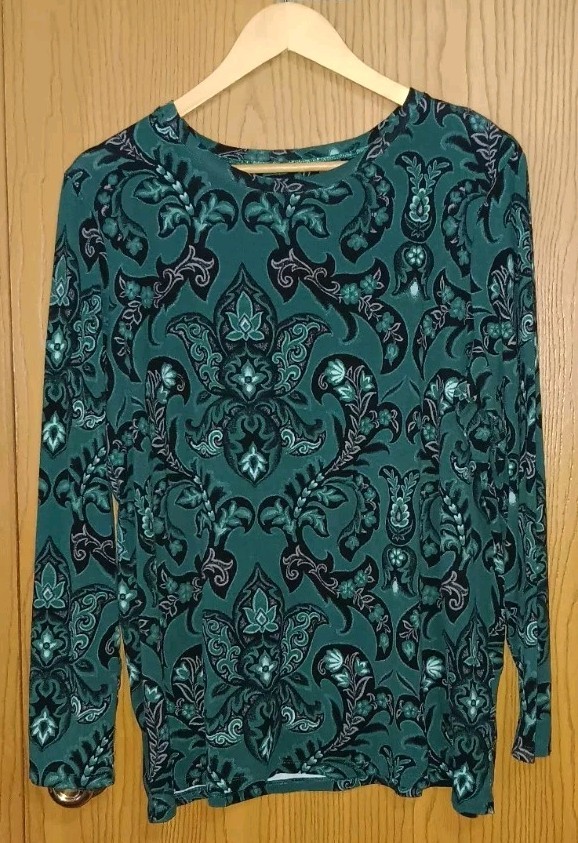 Chicos Long Sleeve Blouse Shirt Womens Size 4/XXL Green Paisley Design...