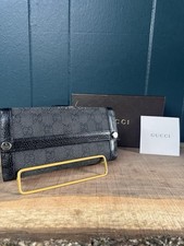 Authentic Gucci GG Canvas Wallet Black Monogram Leather Trim Long Wallet W/ Box