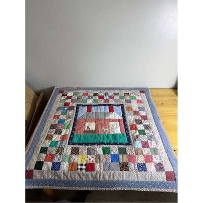 Handmade Quilt Cottagecore House Colorful Homestead Throw Lap Size Cotton Square