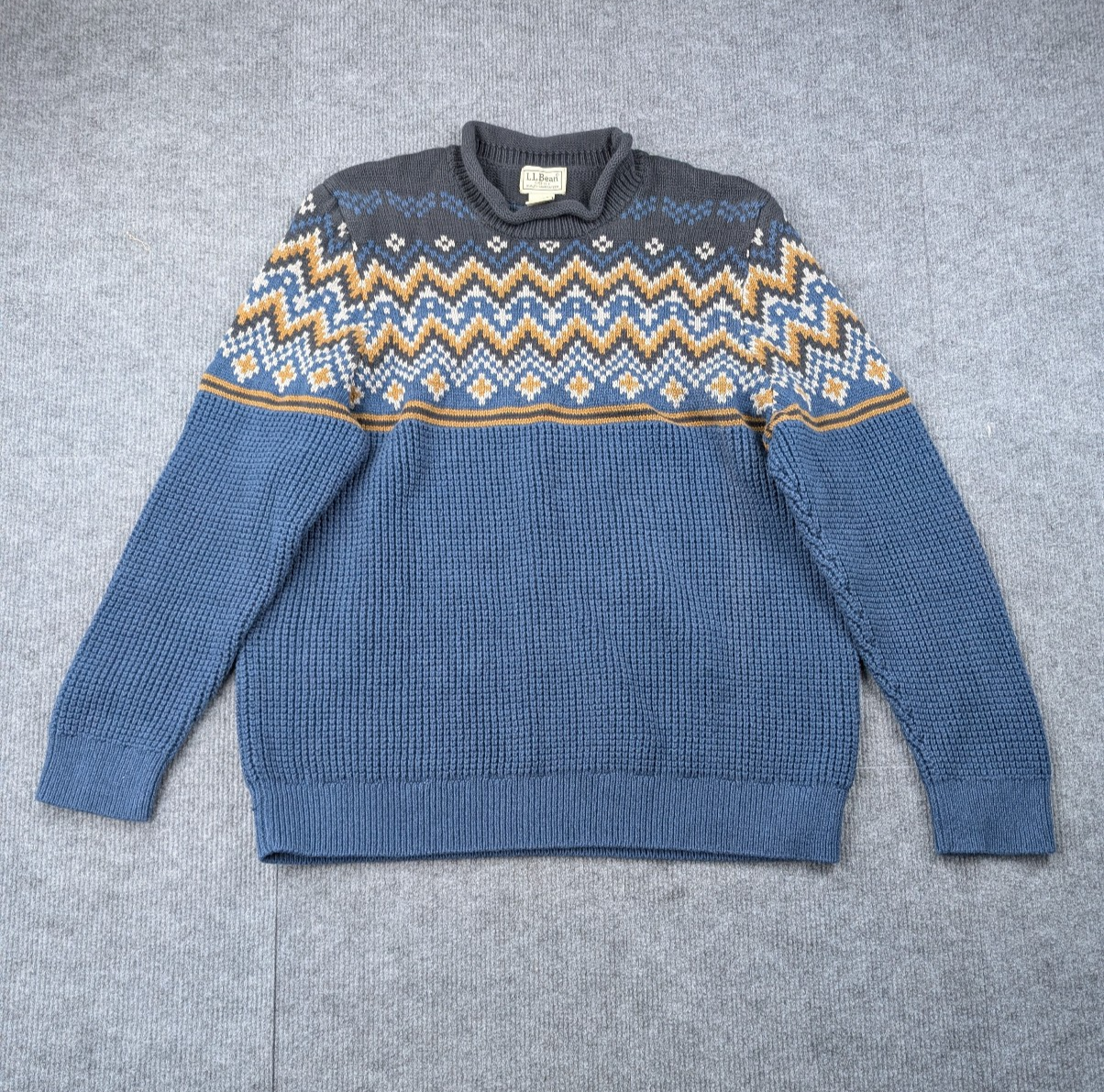 LL Bean Roll Neck Sweater Mens XL Fair Isle Fisherman Nordic Waffle Organic 90s