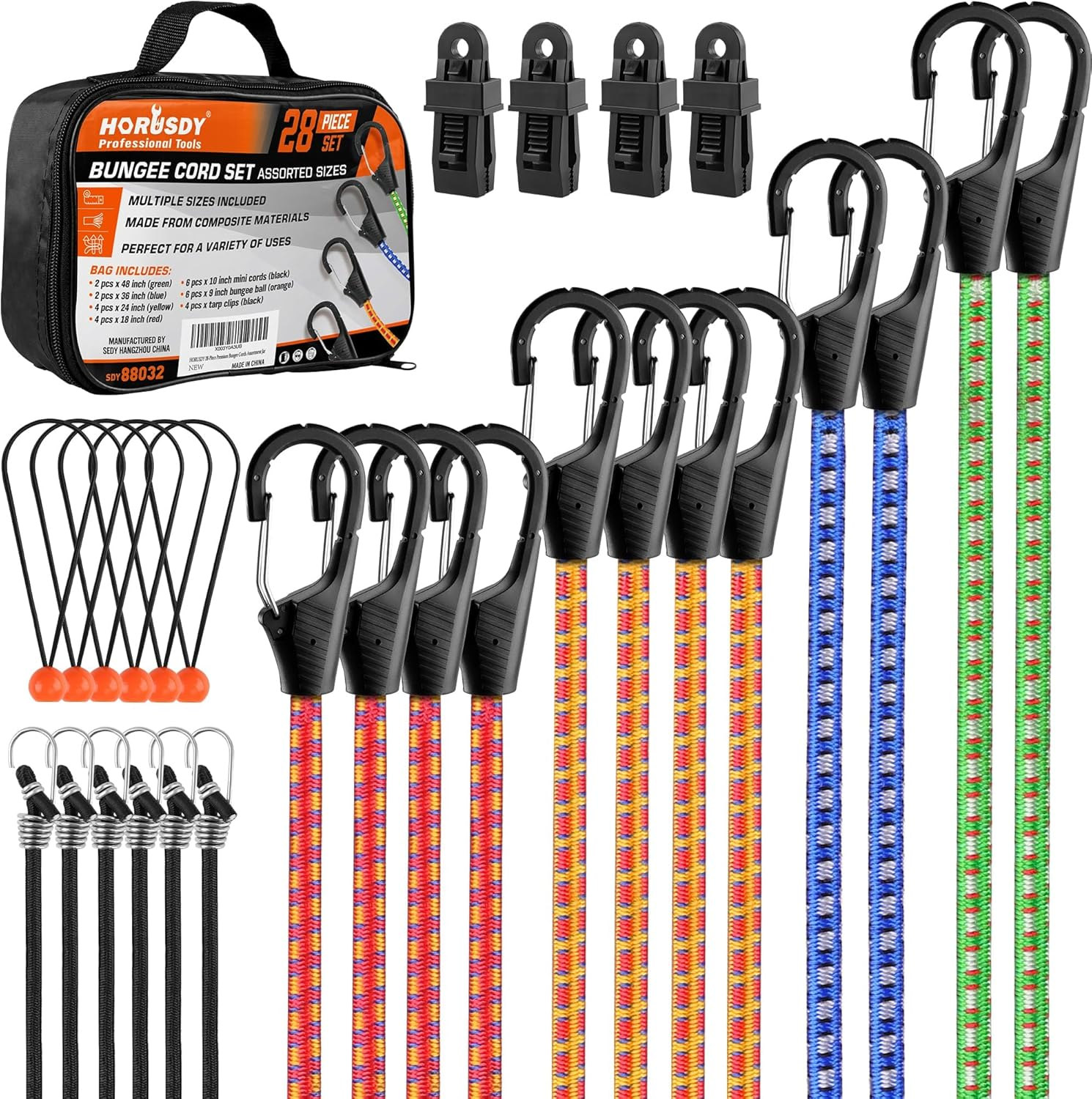 28-Piece Premium Bungee Cords with Hooks, Includes 10”, 18”, 24”, 36”, 48” Bunge