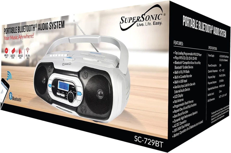 Sistema de audio portátil Bluetooth Supersonic SC-729BT MP3/CD, grabadora de casete Foto 3 de 3