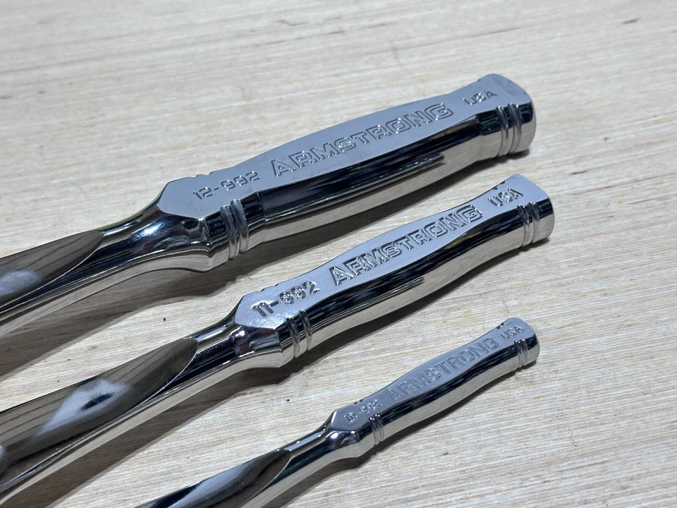 NOS Armstrong Tools USA 3pc Full Polish Chrome Ratchet Set, 1/4, 3/8, 1/2" Drive - Image 3 of 4