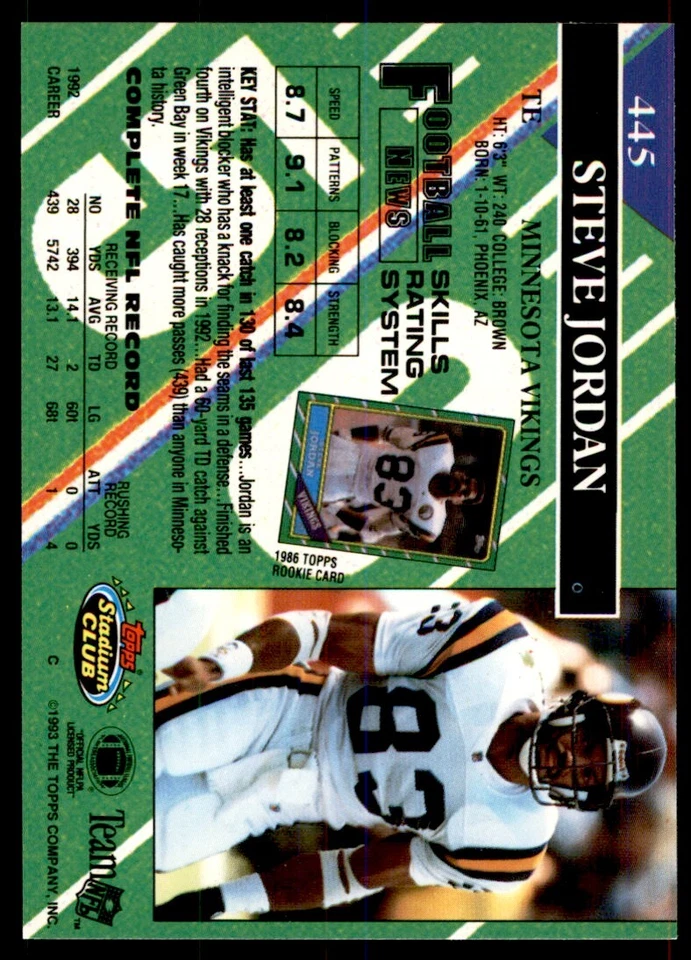 1993 STADIUM CLUB* STEVE JORDAN MINNESOTA VIKINGS #445 - Image 2 of 2