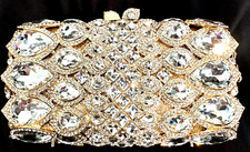 New Gold With Clear Crystal Evening Clutch Hand Bag- Fits Iphone