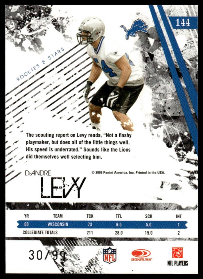 2009 Donruss Rookies & Stars #144 DeAndre Levy Longevity Silver Holofoil #/99 - Image 2 of 2