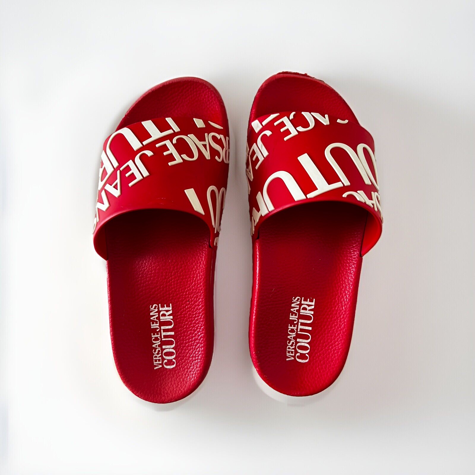 VERSACE SANDAL SLIDE LOGO EMBOSSED RUBBER SLIDES RED Sz. 6-7 US