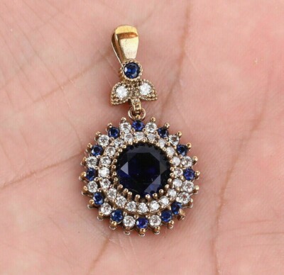 2Ct Round Cut Lab Created Blue Sapphire Halo Pendant in 14K Yellow Gold Plated