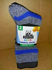 Kodiak Boys Gray/Blue/Black Stripe Medium 10 to 2 1/2 Thermal Socks 2 pair pack