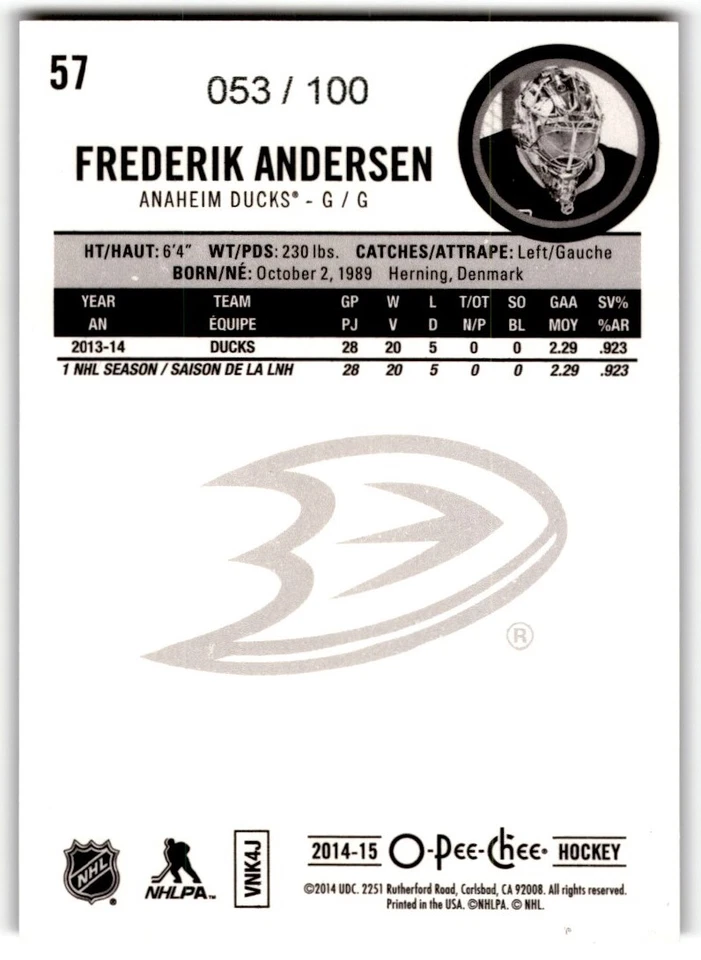 Frederik Andersen 2014-15 O-Pee-Chee Black Rainbow /100 #57 Anaheim Ducks - Image 2 of 2