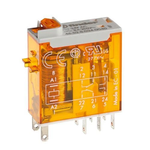 FINDER 46.52.8.024.0054, Miniature Industrial Relay, DPDT, 8A, 24V AC coil, AgNi c