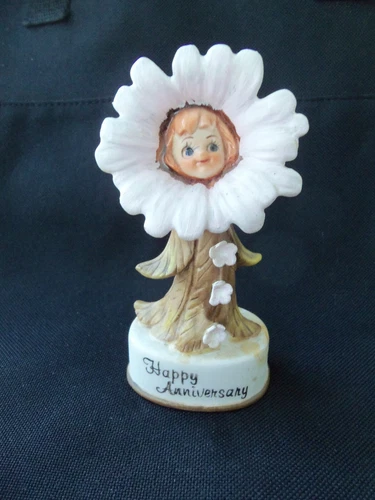 Vtg Enesco Rare Anthropomorphic Flower Face Happy Anniversary Girl!  TAIWAN!