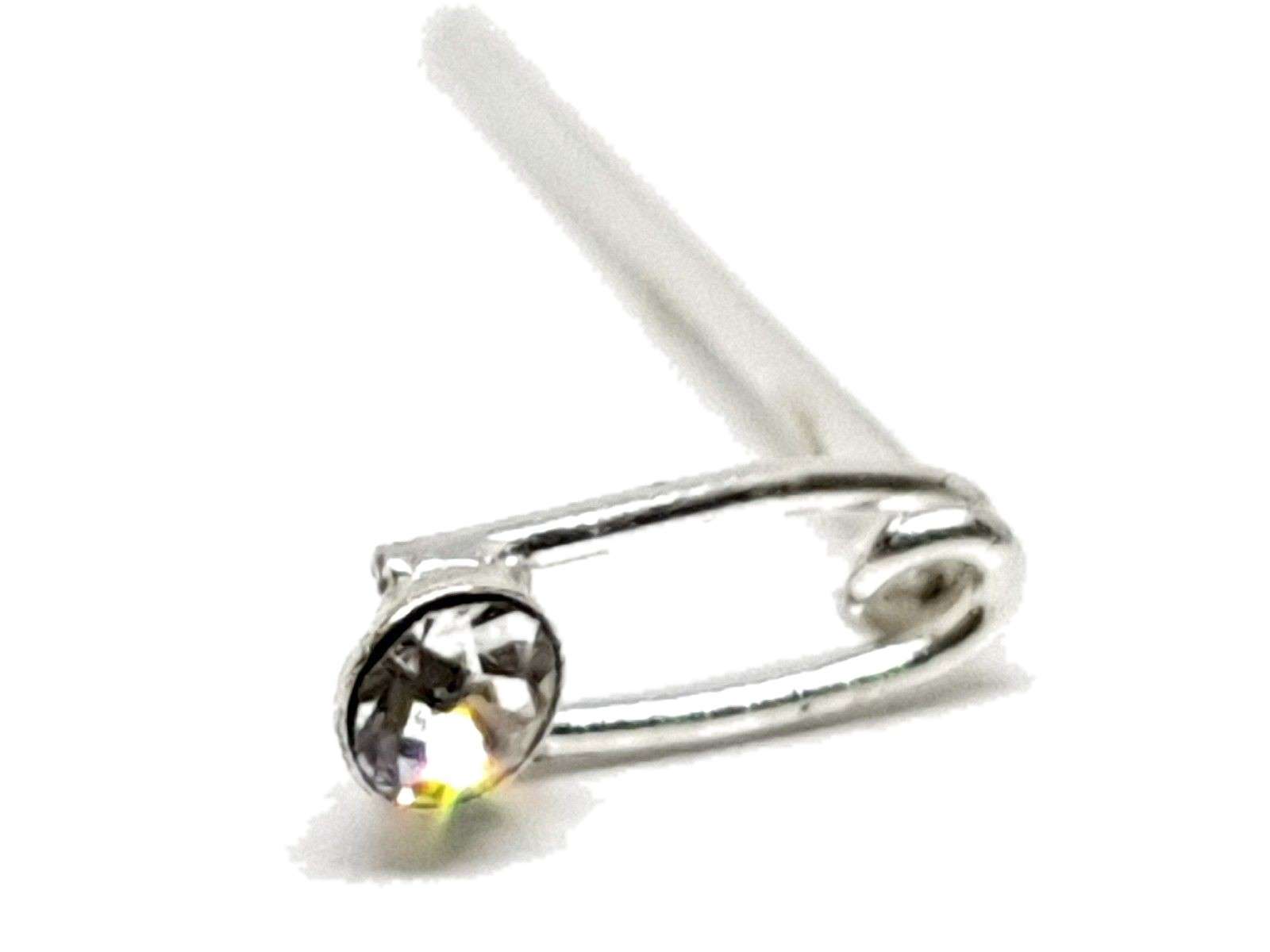 Safety Pin Nose Stud Clear Cz 925 Silver 22g (0.6mm) 10mm Straight Bendable