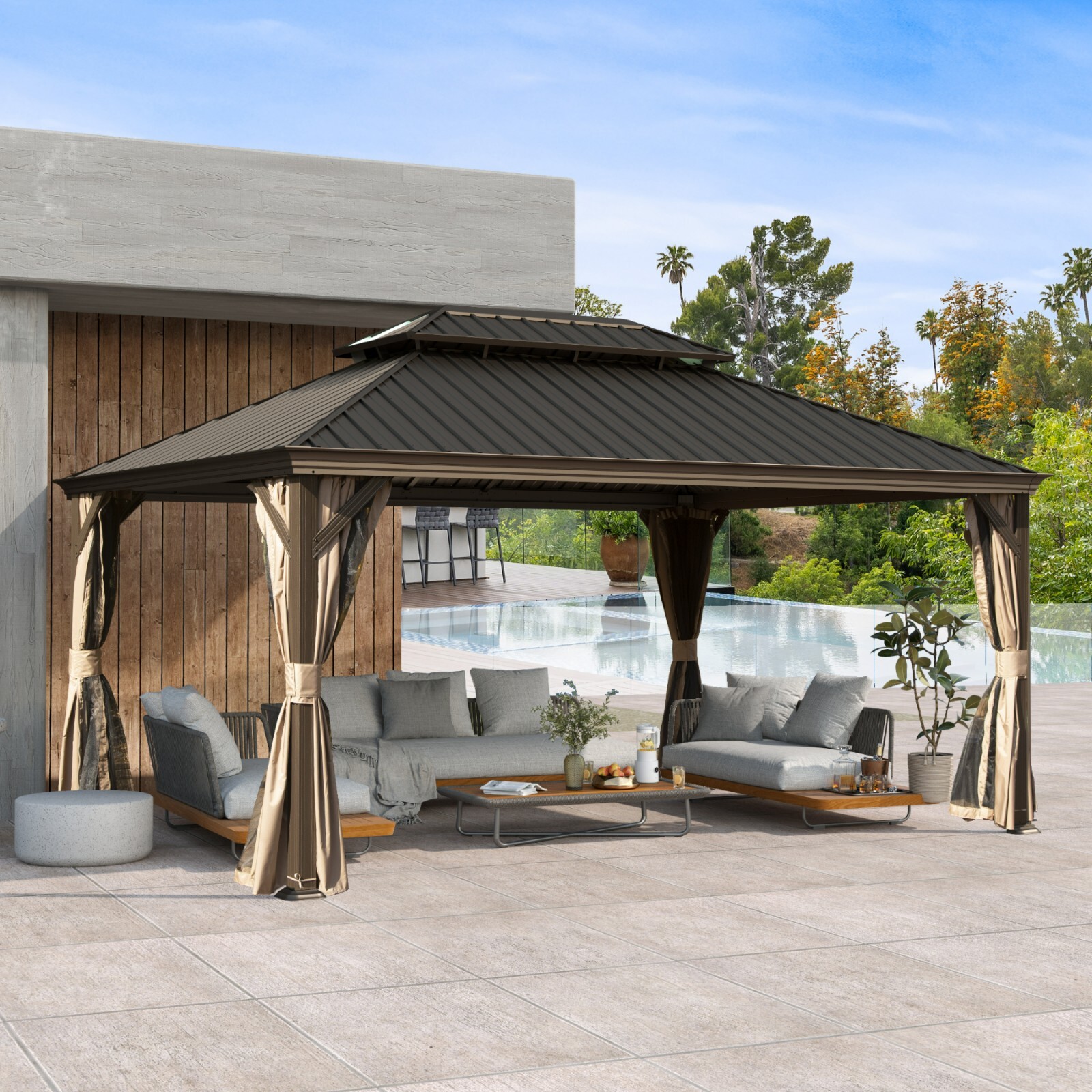 Domi 12x16Ft Hardtop Gazebo Double Roof w/Curtain&Netting,Built-in gutter system