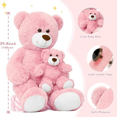 40" Giant Teddy Bear Set - Mommy & Baby Stuffed Animal - Great Gift for Pink - Afbeelding 4 van 7