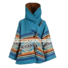 Kelly Reilly Wool Cape Beth Dutton Yellowstone Geometric Hooded Poncho Blue Coat