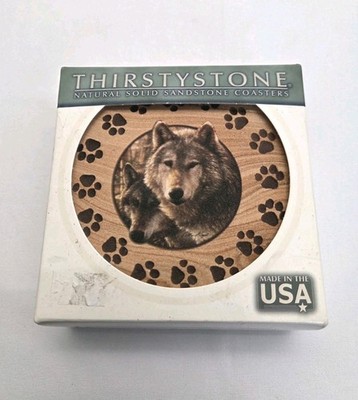 Thirstystone Wolf Sandstone Coasters Set of 4 Natural Stone Cork Back USA (F89)