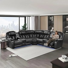 SALE LED Contemporary 2-Recliner Sectional Black Leather with Bluetooth Speaker
