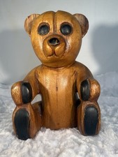 Vintage Hand Carved Wooden Seated Teddy Bear Figure 9" Tall Nursery Folk Art