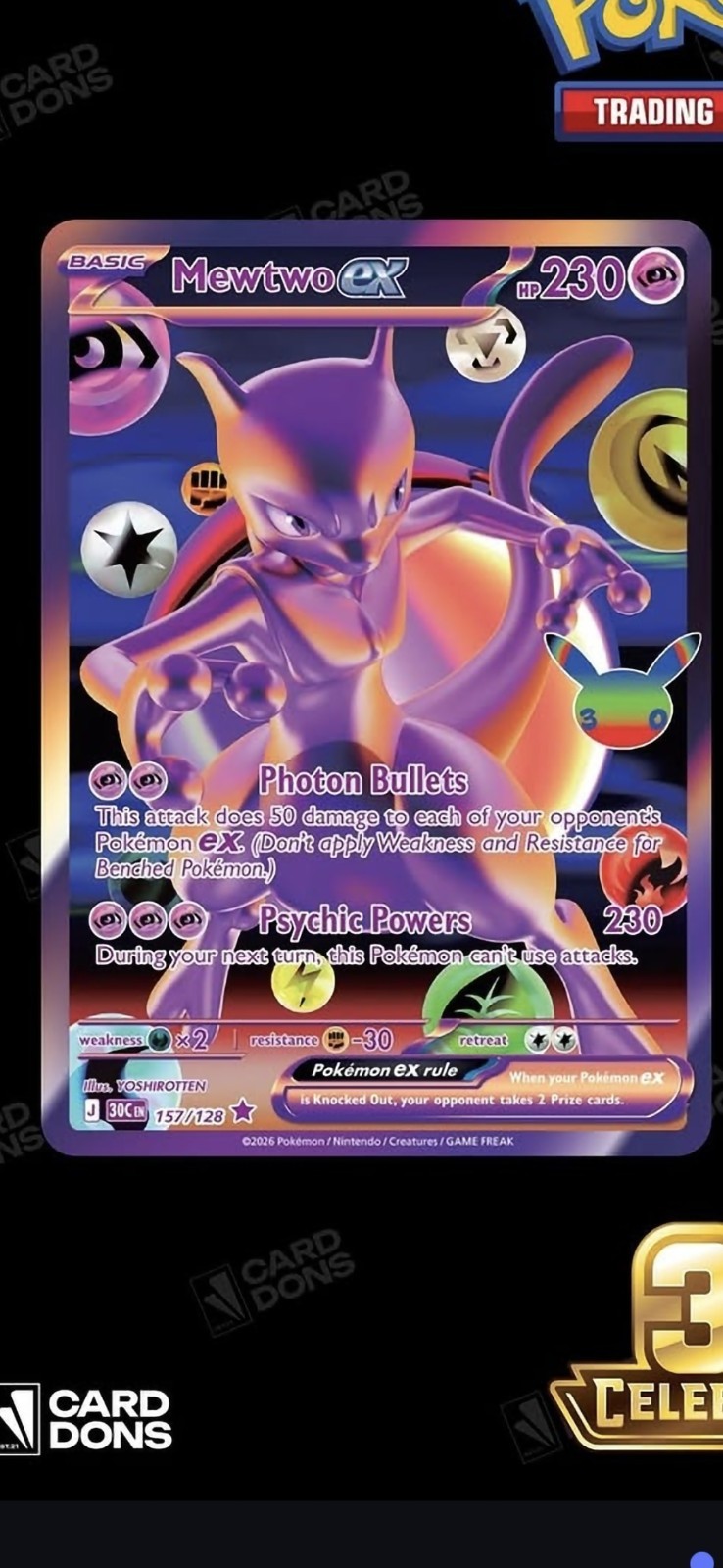 Mewtwo ex 157/128 30th Celebration Holo Rare English Pokemon TCG Card