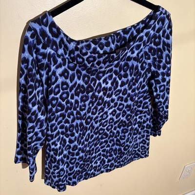 Rafaella Studio Blue Multicolored Top 3/4 Sleeve Wide Neck Top M