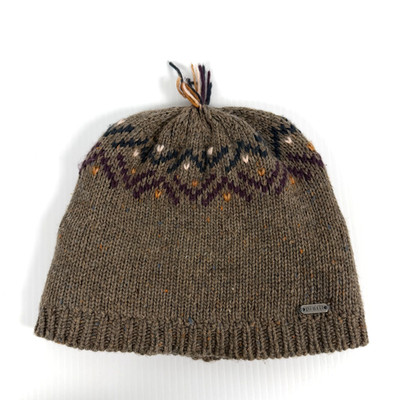 Pistil Knit Cap Beanie Hat Brown With POM Geometric One Size Stretch