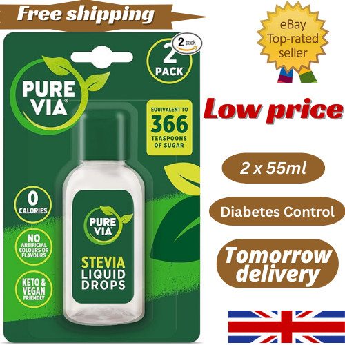 Pure Via Stevia Liquid Drops 2 x 55ml - Zero Calorie, Vegan and Keto Friendly S