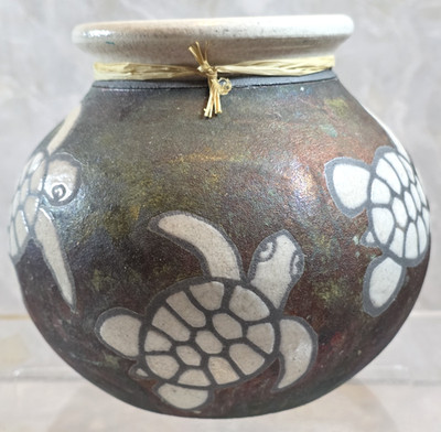 Raku Pottery Marine Dream Sea Turtle Vase Ben Diller Signed Iridescent Hawaii