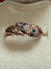 Antique 9ct Gold Chester Hallmark Sapphire & Seed Pearl Ring