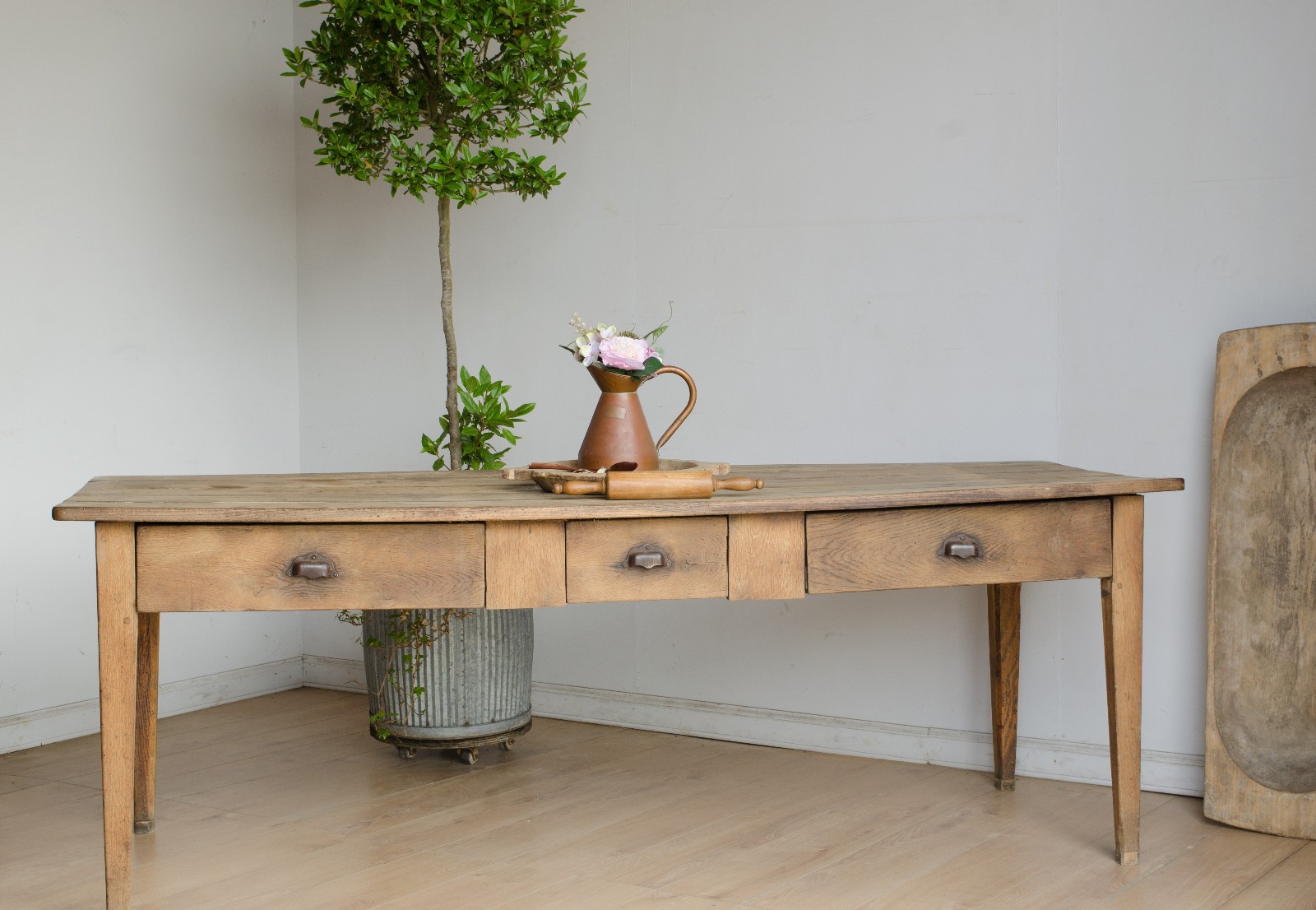 Antique French Oak Farmhouse Kitchen / Dining Table with Drawers
