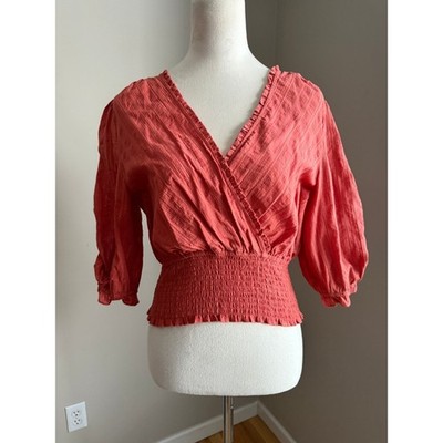 Express NWT Orange Sparkle Puff Sleeve Smocked Wrap Crop Top Size M Resort