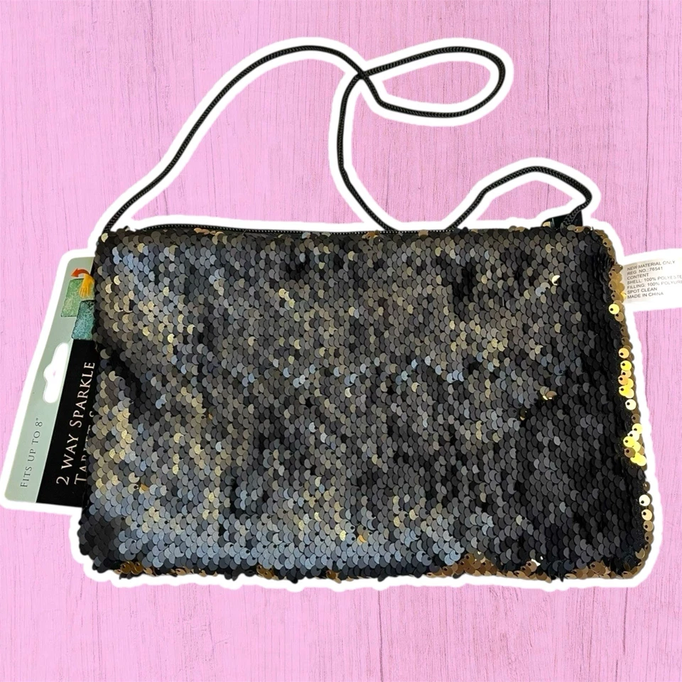 Bolso Bandolera Abatible Lentejuelas Funda Tableta Lector Electrónico/Negro + Dorado • NUEVO Foto 2 de 4