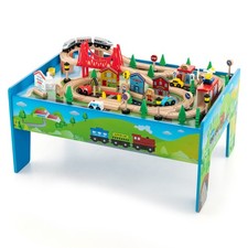 80 Piece Wooden Train Set with Play Table Removable Reversible Top for Kids