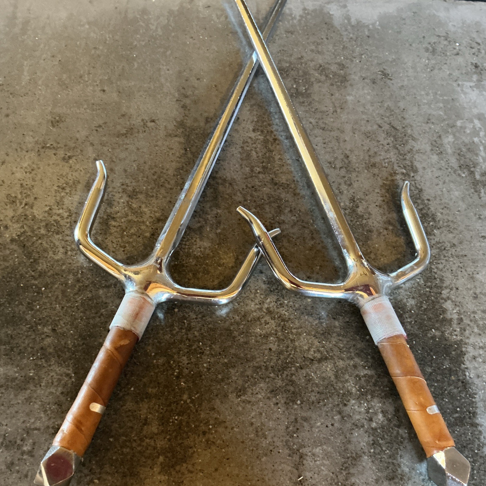 Pair of Metal Sai Martial Arts Weapons with Brown Wrapped Handles heavy new used