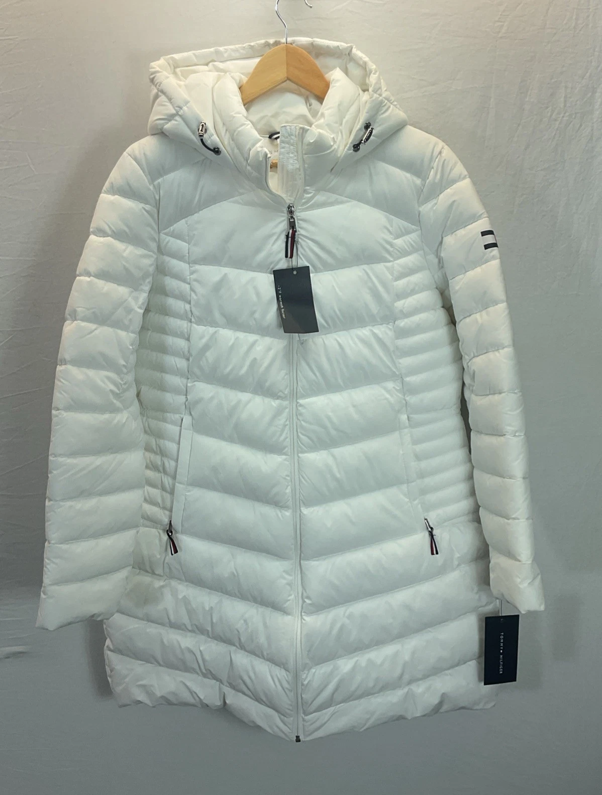 Tommy Hilfiger Women's L White TH Flex Puffer Coat Full Zip Hooded Ski Snow