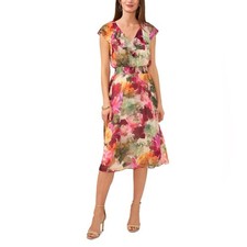 Vince Camuto Watercolor Floral Chiffon Ruffle Midi Dress Elastic Waist XS NEW